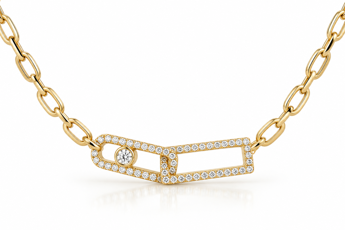 Golden Connections Diamond NecklaceModern elegance meets timeless sparkle in our Golden Connections Diamond Necklace. Featuring two beautifully intertwined geometric links accented with shimmering diamonds, this delicate necklace symbolizes connection.