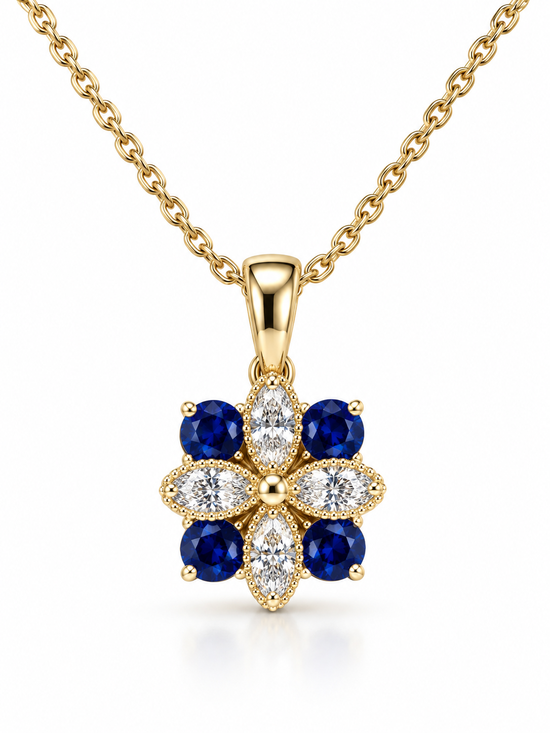 Sapphire Blossom Pendant, the Sapphire Blossom Pendant is beautifully crafted in 14K yellow gold. This delicate floral design features four rich blue sapphires totaling 0.29ctw, complemented by sparkling diamonds totaling .09ctw