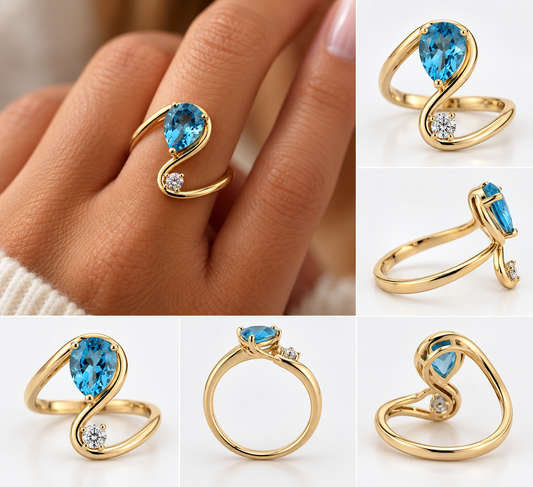 The Azure Embrace Ring     Elegant. Flowing. Effortlessly Beautiful. A graceful blend of color and sparkle, the Azure Embrace Ring features a stunning pear-shaped blue topaz accented by a brilliant round diamond.